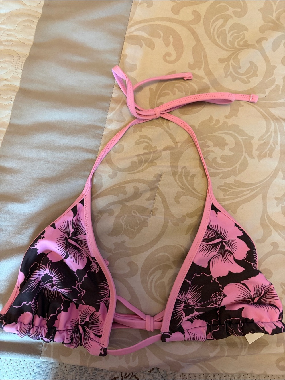 Hollister Brown Triangle Bikini Top with Pink Trim